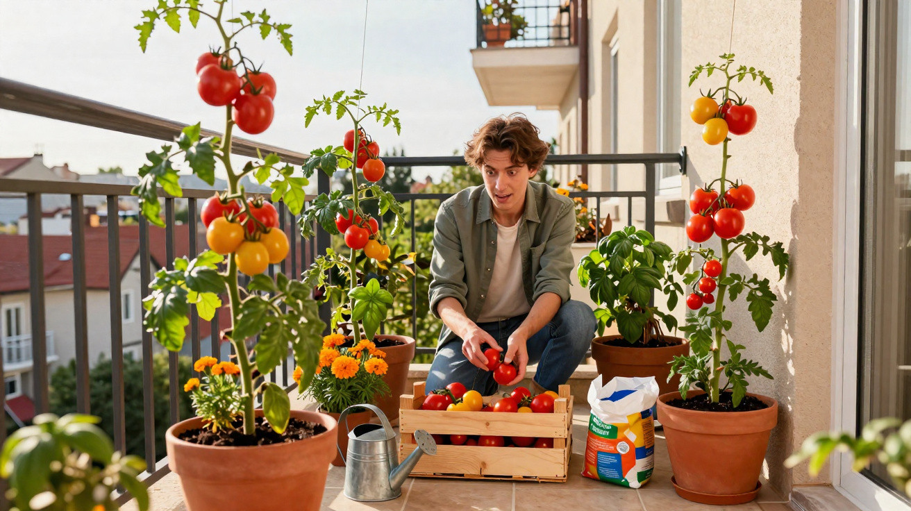 Jovem colhendo tomates maduros em vasos em uma varanda ensolarada com plantas e flores.