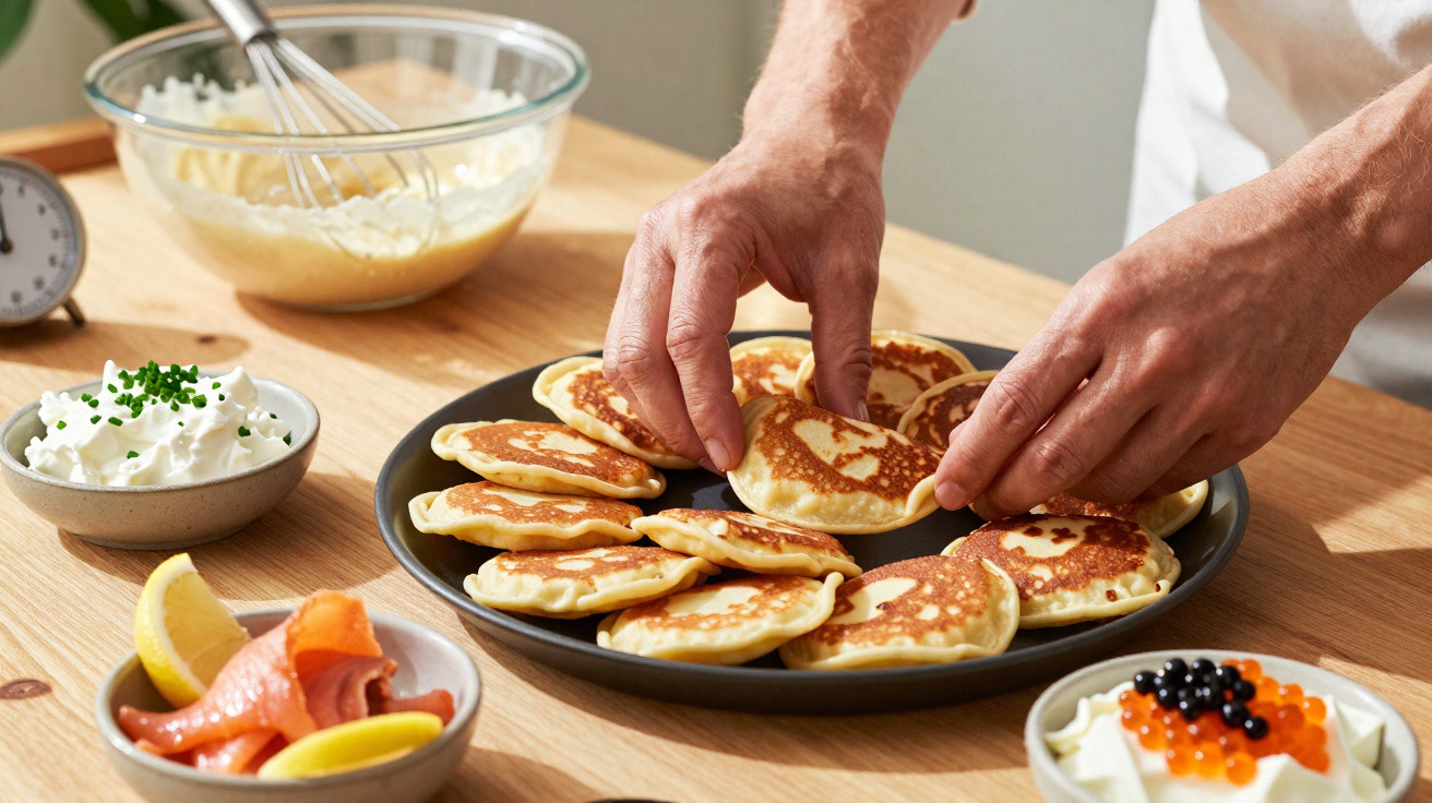 Mãos organizando mini panquecas em prato com bowls de creme, salmão defumado e ovas ao redor em mesa de madeira.