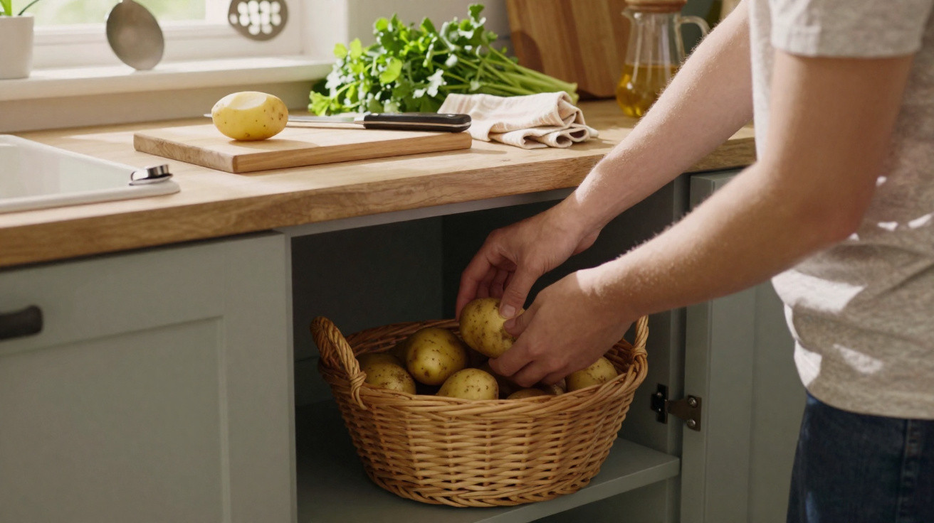 Pessoa guardando batatas em cesta de vime dentro de armário de cozinha com bancada de madeira.