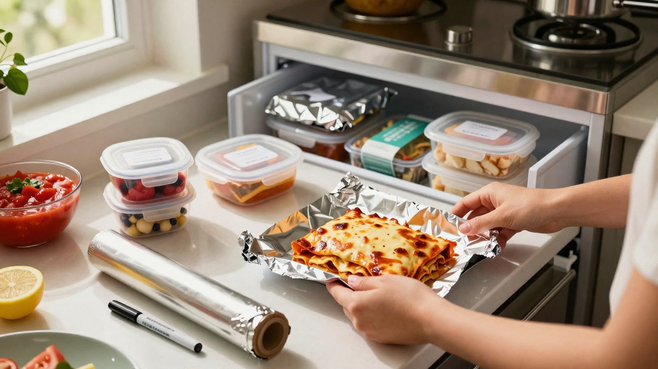 Pessoa colocando lasanha em forno com potes plásticos de comida e recipiente de molho na bancada da cozinha.