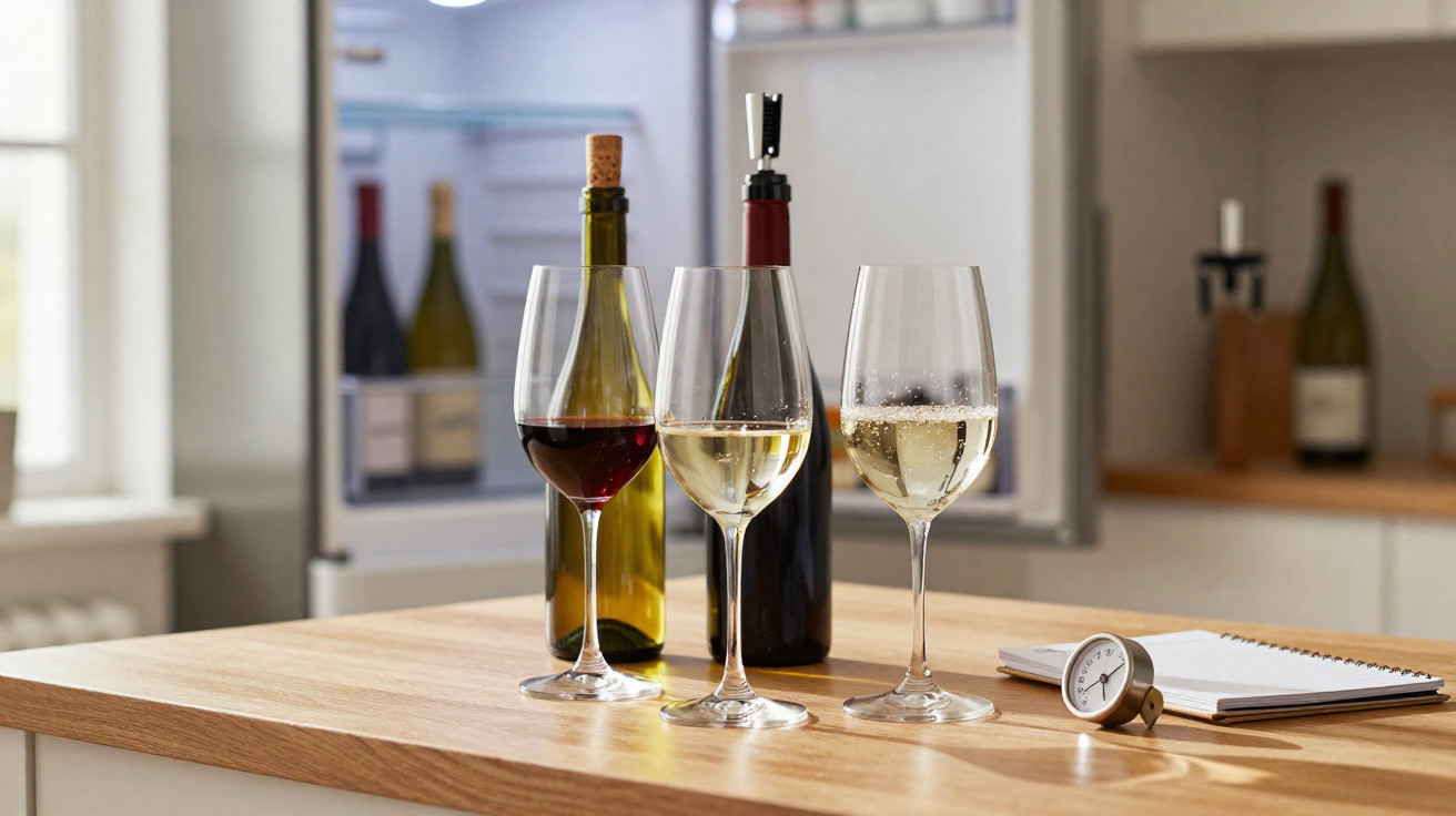 Três taças com vinho tinto, branco e espumante sobre bancada de madeira em cozinha moderna.