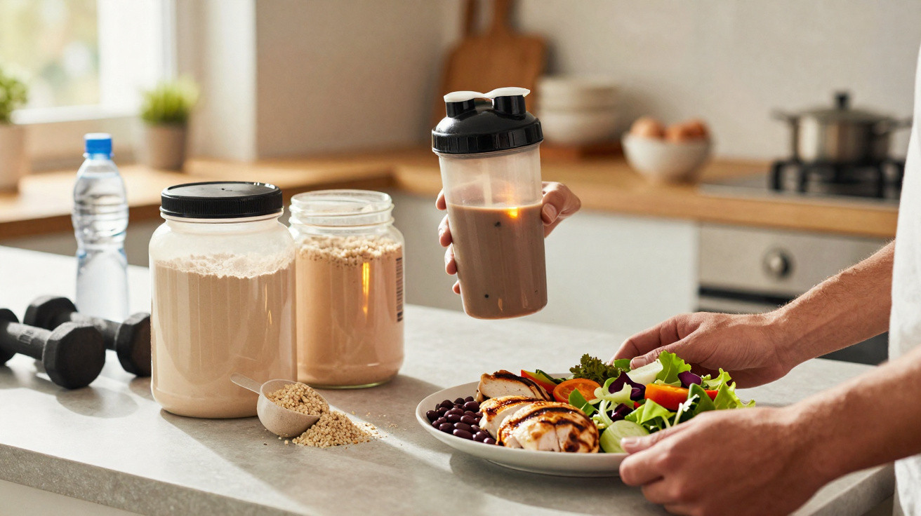 Pessoa segurando coco shake com refeição saudável com frango, salada, feijão e ingredientes fitness na cozinha.