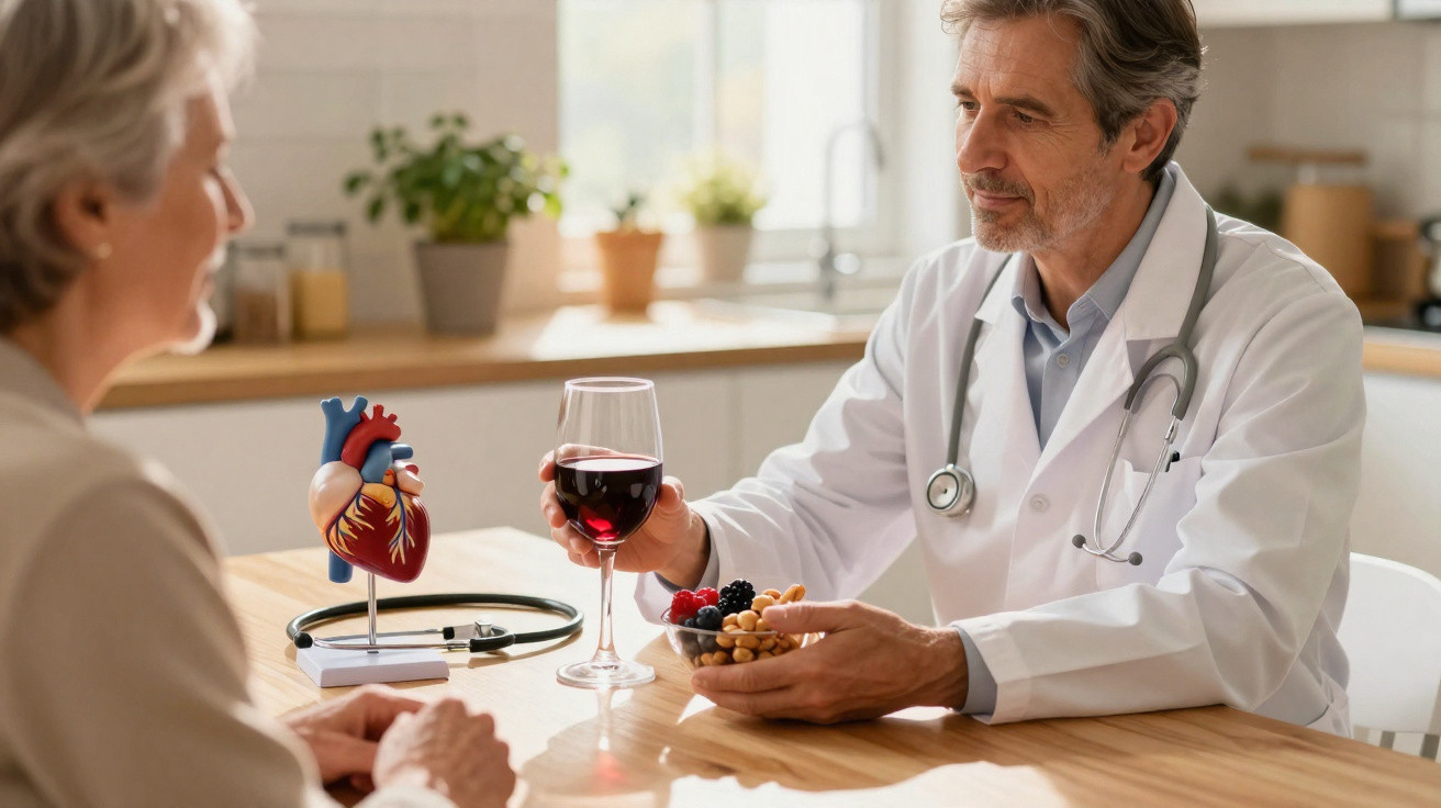 Médico conversa com idosa segurando taça de vinho e tigela de frutas secas numa mesa com modelo de coração.