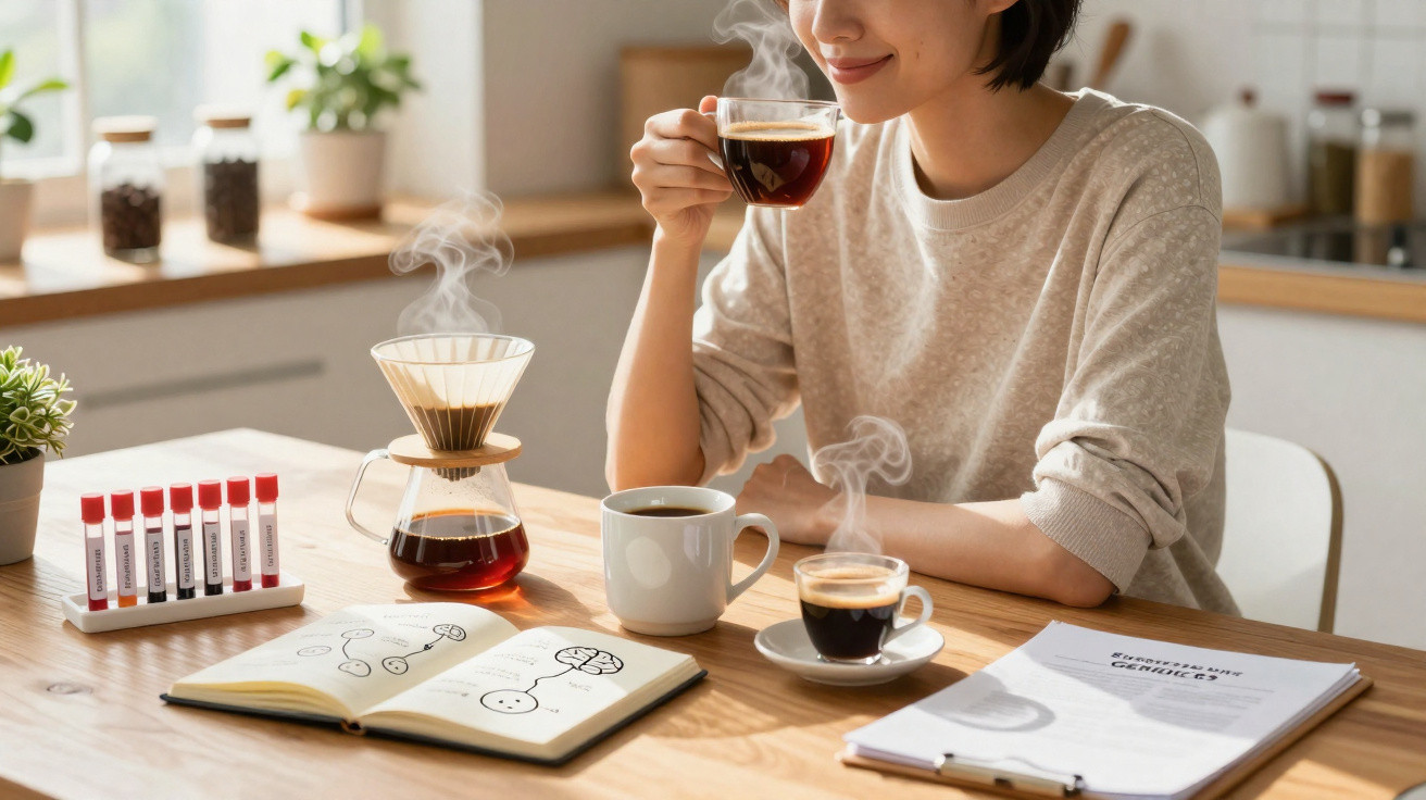 Mulher sorrindo bebe café em cozinha iluminada, com livros, xícaras e cafeteira sobre mesa de madeira.