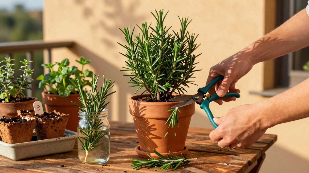 Pessoa podando planta de alecrim em vaso de barro em mesa de madeira ao ar livre.