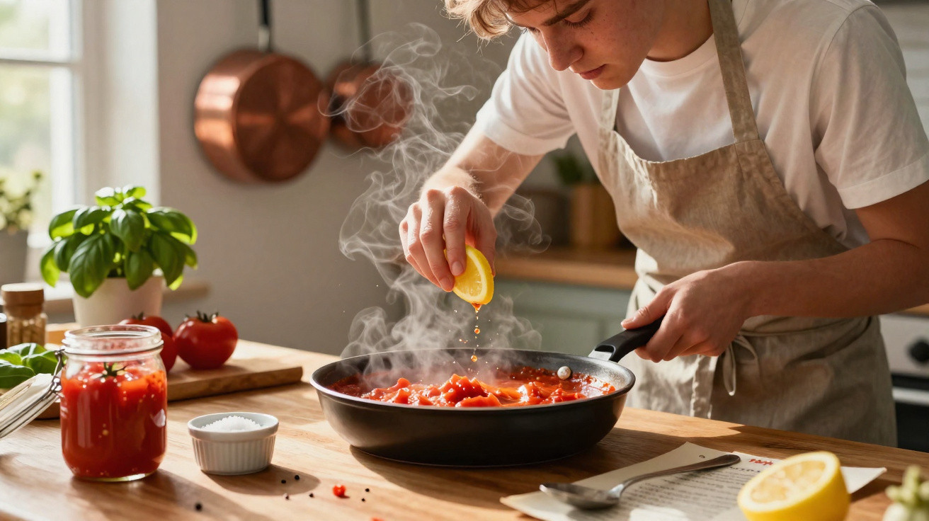 Jovem cozinha molho de tomate em frigideira e espreme limão em cozinha iluminada e equipada.