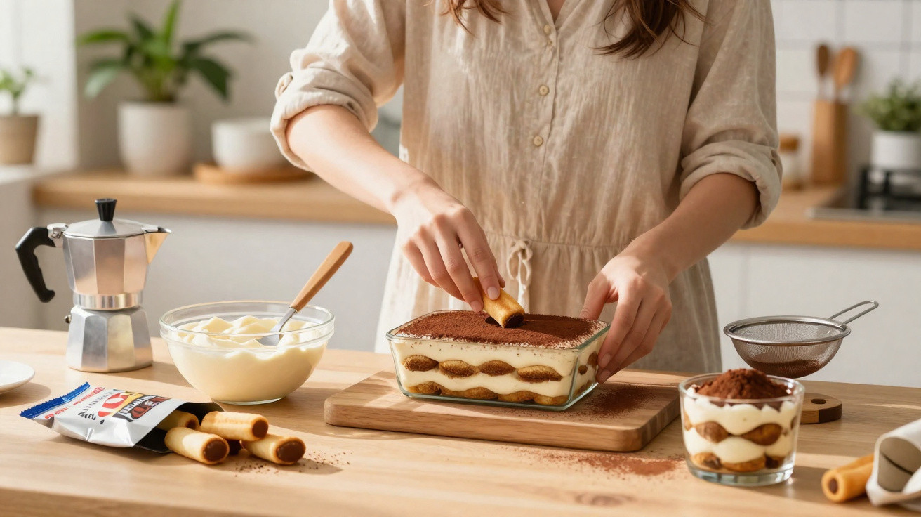 Pessoa preparando tiramisu em um pote de vidro sobre bancada de madeira na cozinha iluminada.