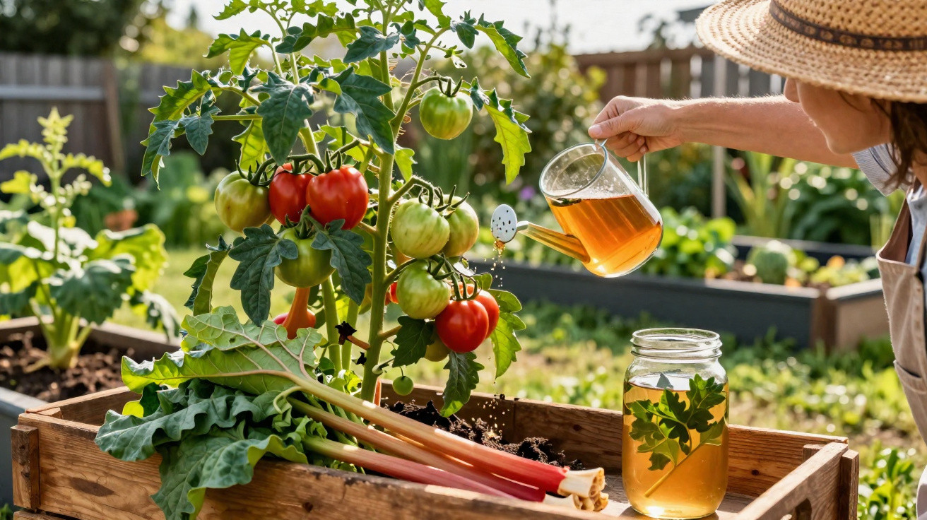 Pessoa regando tomates vermelhos e verdes em jardim com regador, com folhas e jarra ao lado.