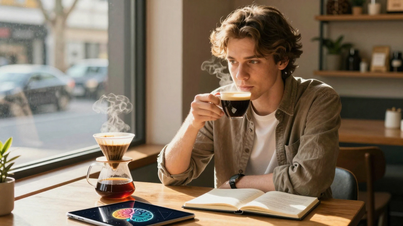 Jovem sentado à mesa com livro aberto, tomando café em xícara, ao lado de cafeteira e tablet com cérebro colorido.
