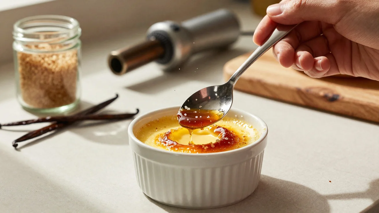 Mão segurando colher caramelizando a superfície do creme brûlée em ramequim branco sobre bancada clara.