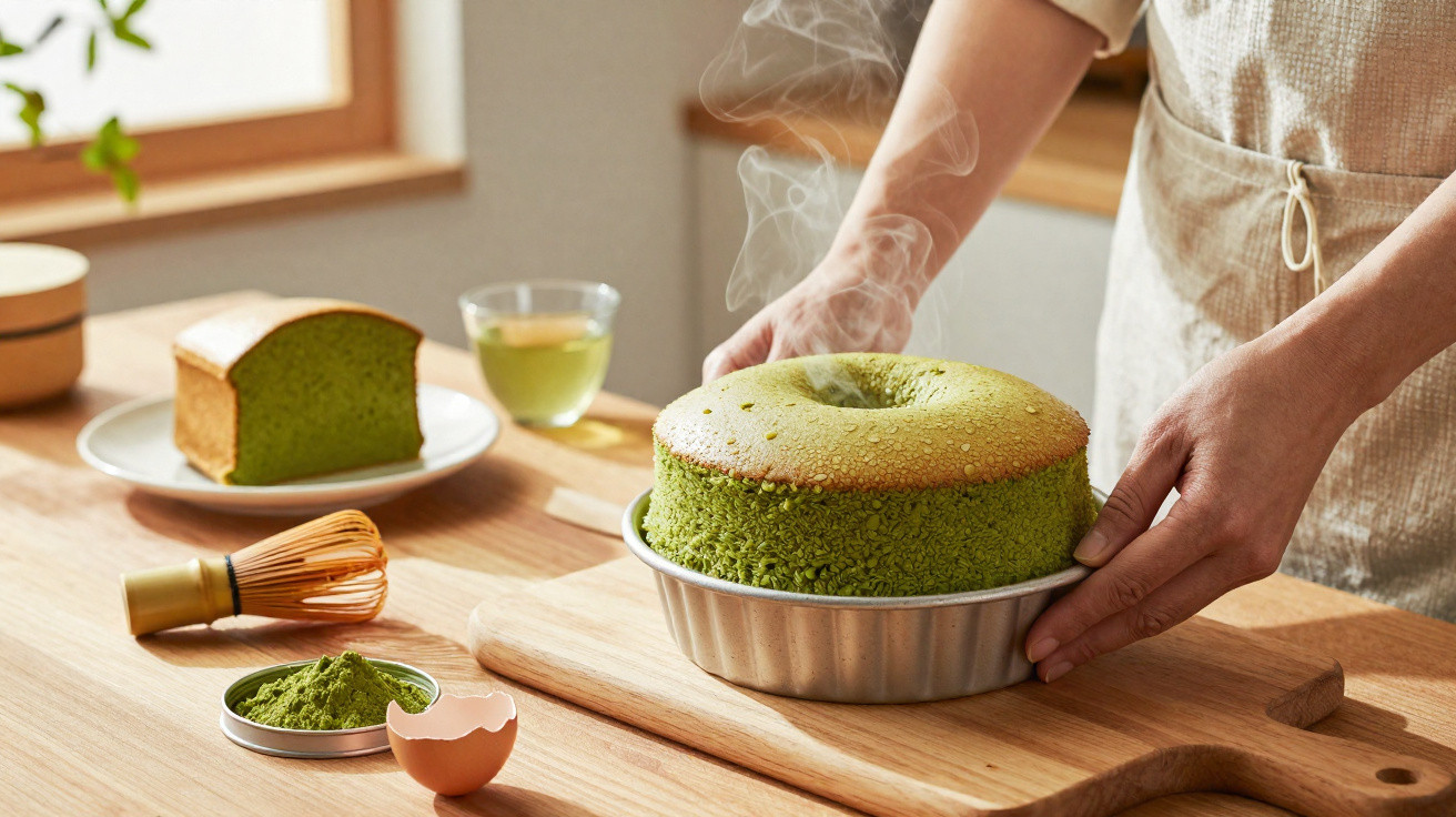 Bolo verde com vapor sendo retirado do forno por uma pessoa em avental, próximo a chá verde e utensílios de cozinha.