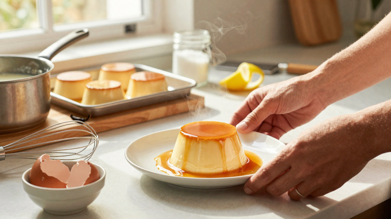 Mãos seguram prato com pudim de leite fresco com calda de caramelo, em bancada clara com ingredientes ao fundo.