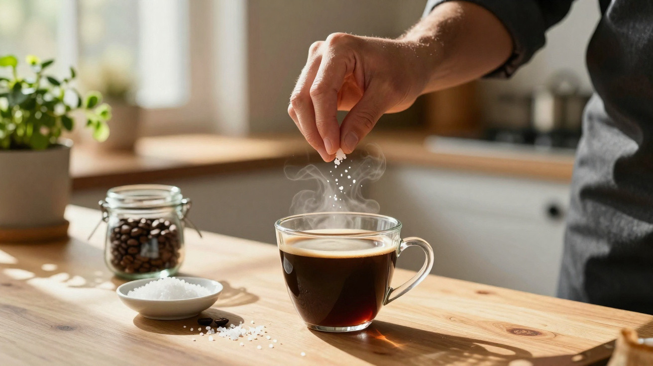 Pessoa adicionando açúcar em xícara de café preto fumegante sobre mesa de madeira.