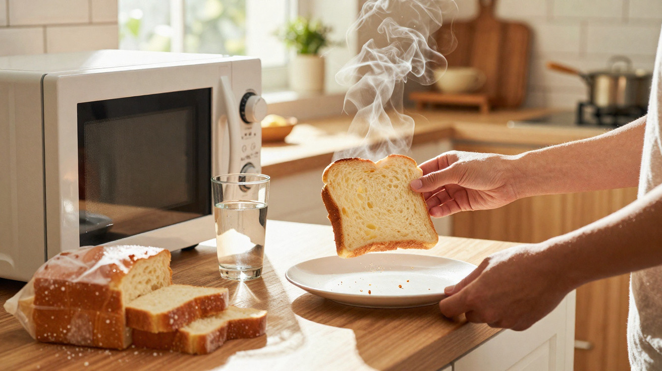 Pessoa segurando fatia de pão quente e fumegante sobre prato em bancada de cozinha com micro-ondas ao fundo.