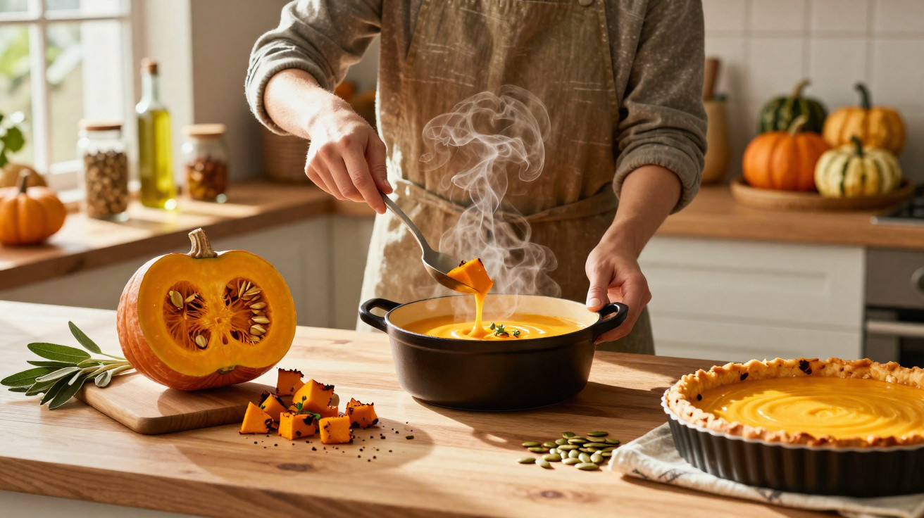 Pessoa servindo sopa de abóbora quente em panela na cozinha com abóbora e torta na bancada.