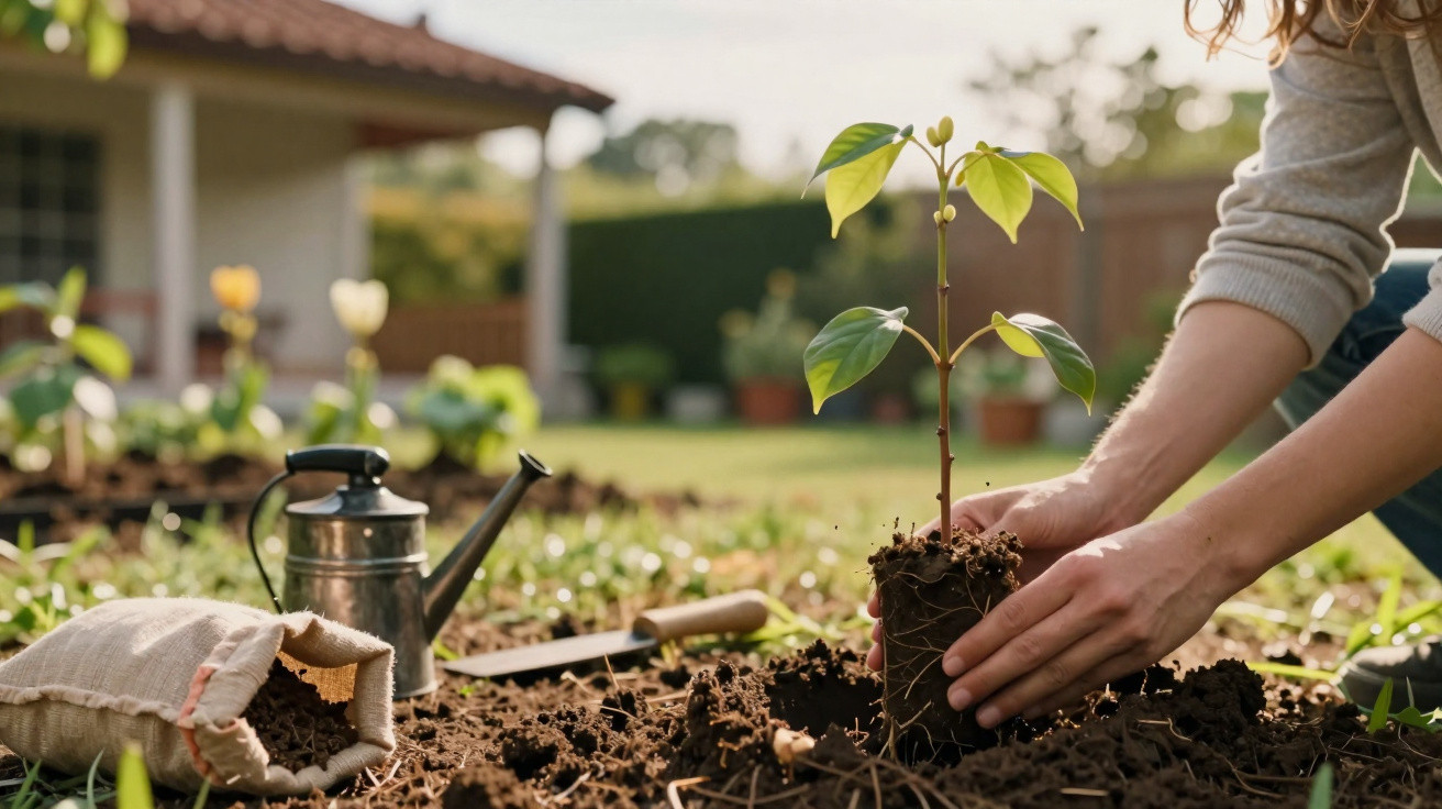 Pessoa plantando muda em jardim com regador e saco de terra ao lado em área externa residencial.