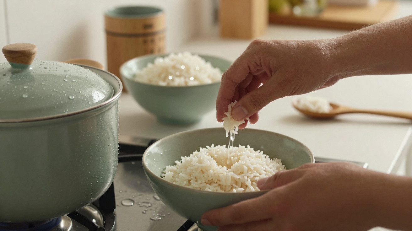 Mãos servindo arroz branco em tigela verde na cozinha com panela no fogão ao fundo.