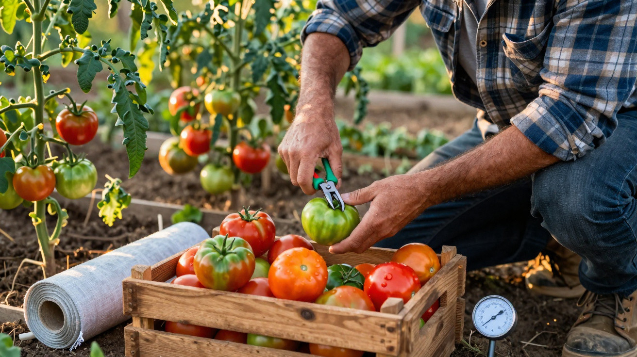 Homem colhendo tomates verdes com tesoura em plantação, com cesta de tomates maduros ao lado.