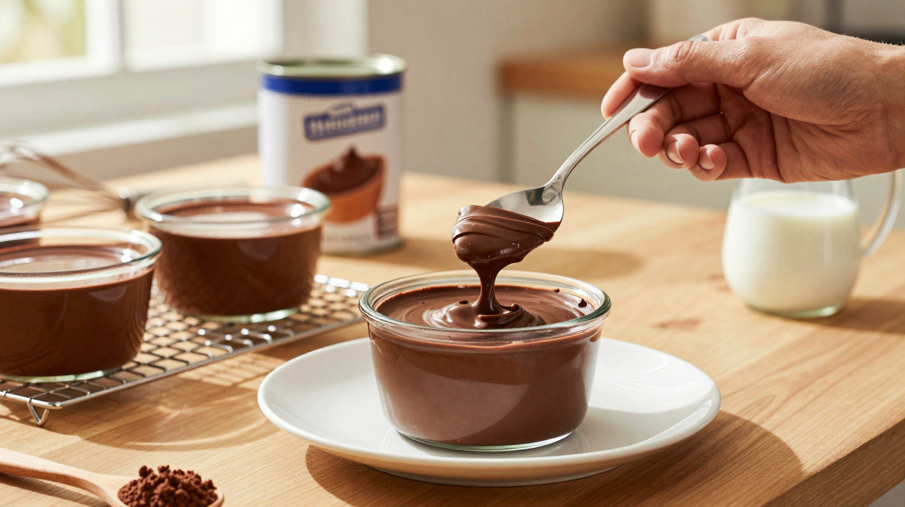Colher pegando creme de chocolate em potes de vidro sobre mesa de madeira.