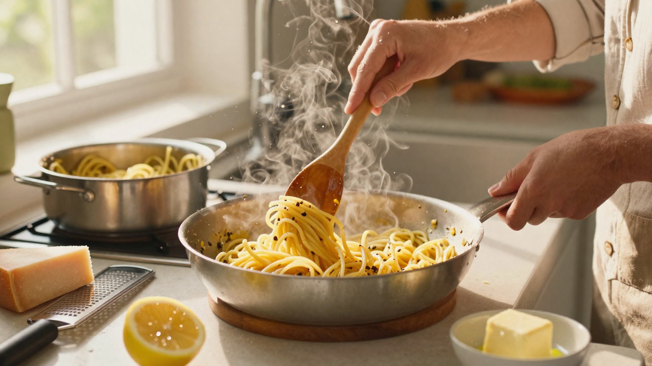 Pessoa mexendo espaguete quente em frigideira com tigela, limão e queijo parmesão na cozinha iluminada.