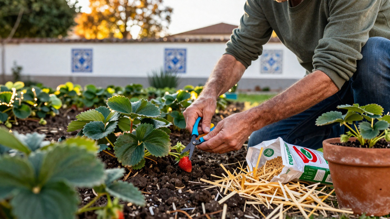 Pessoa colhendo morango com tesoura em jardim com plantas e saco de adubo ao lado.