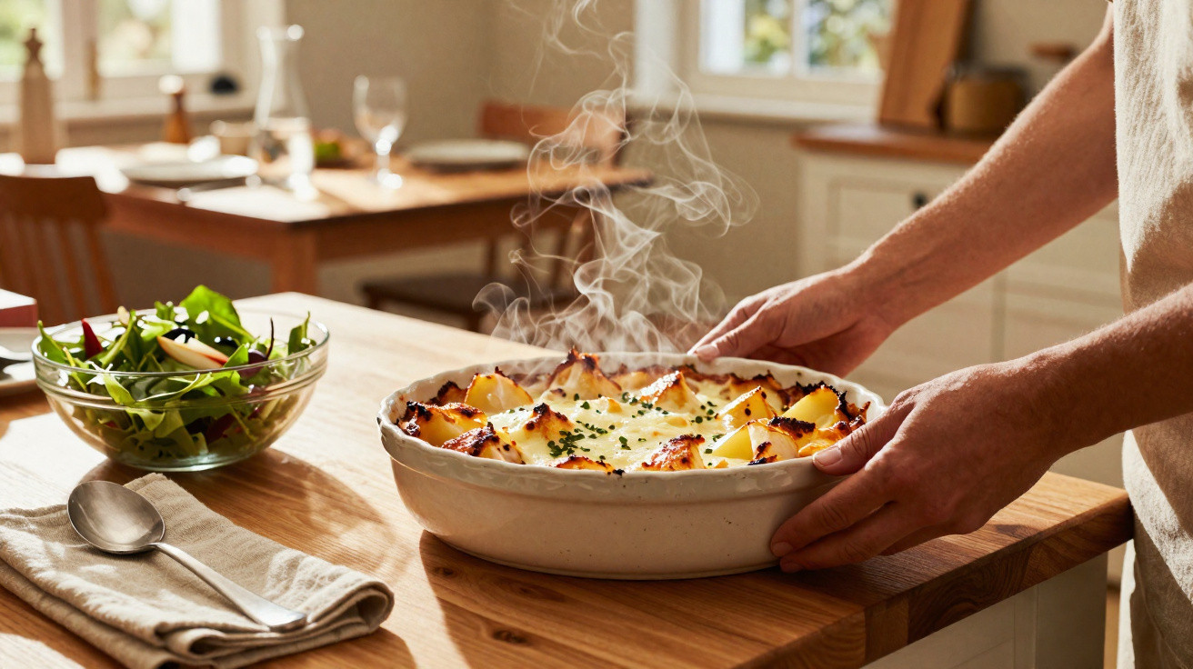 Mãos segurando travessa com gratinado quente fumegante ao lado de salada e talheres sobre mesa de madeira.