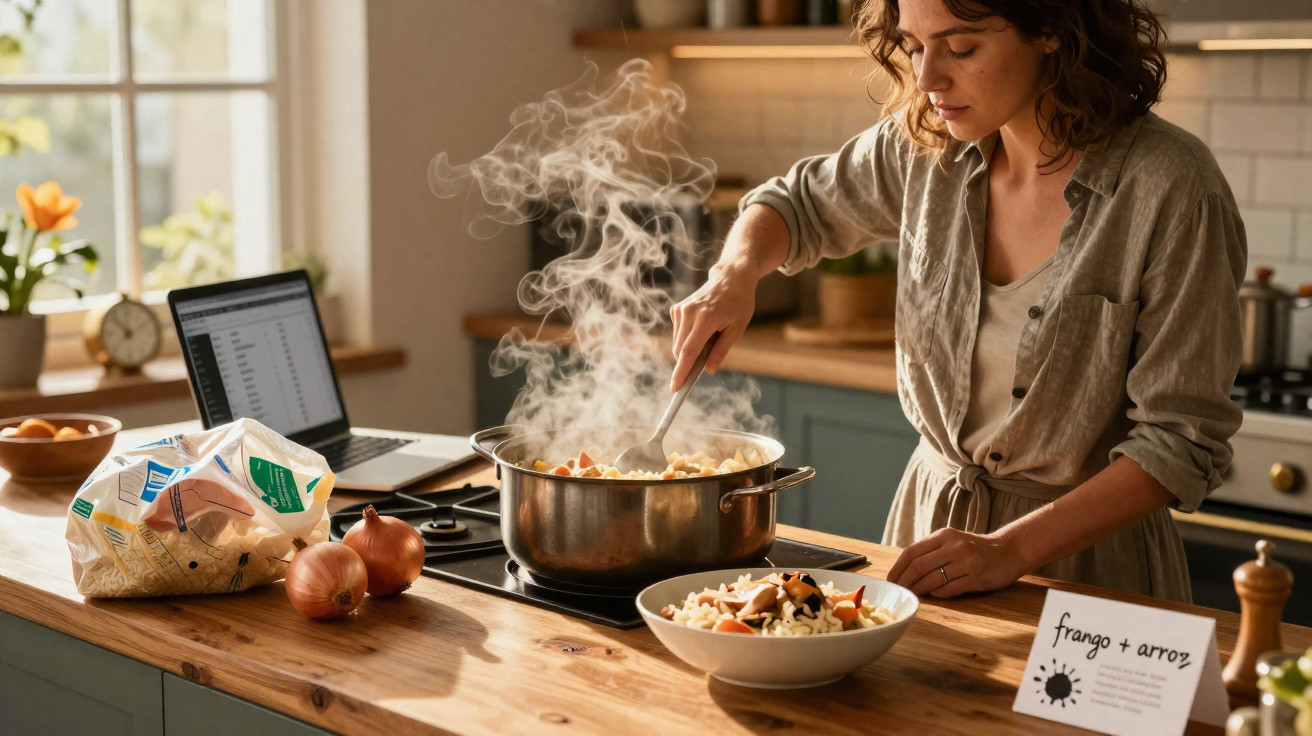 Mulher cozinhando com panela quente em cozinha aconchegante, com notebook e ingredientes à mesa.