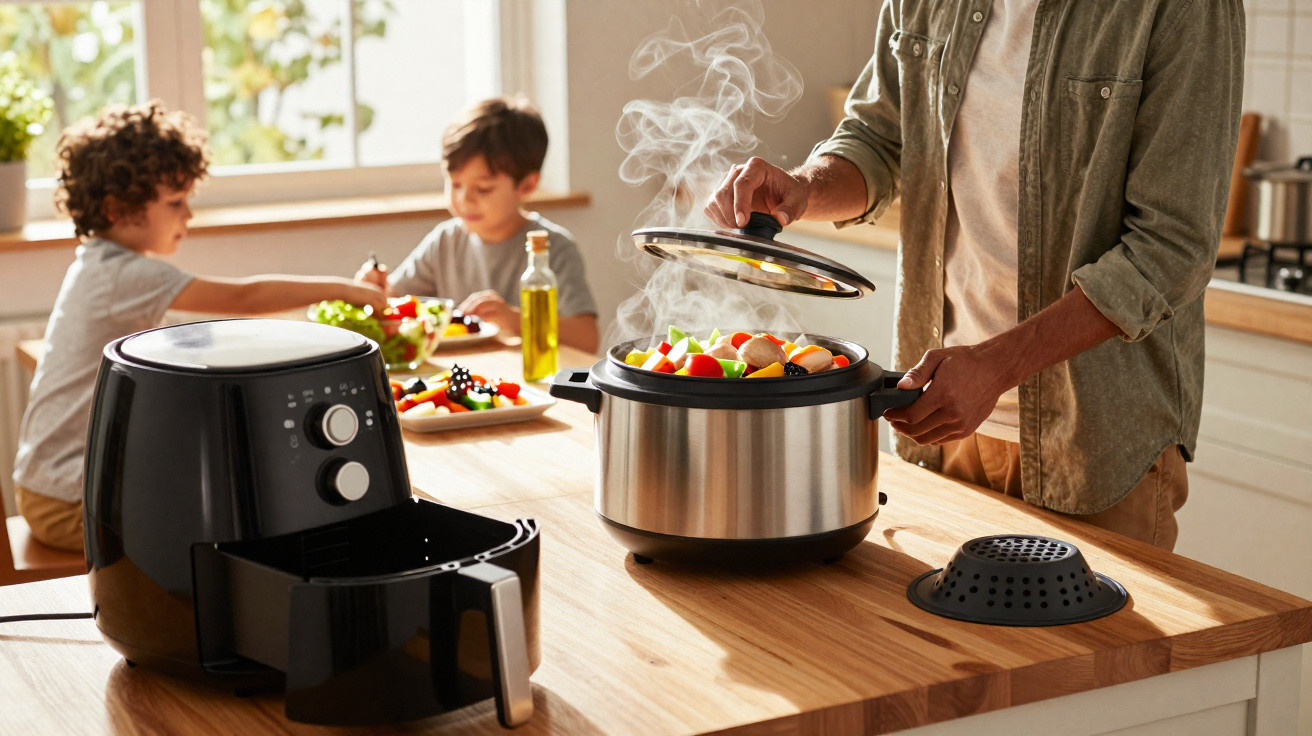 Pessoa abrindo panela elétrica com legumes cozinhando enquanto duas crianças comem à mesa.