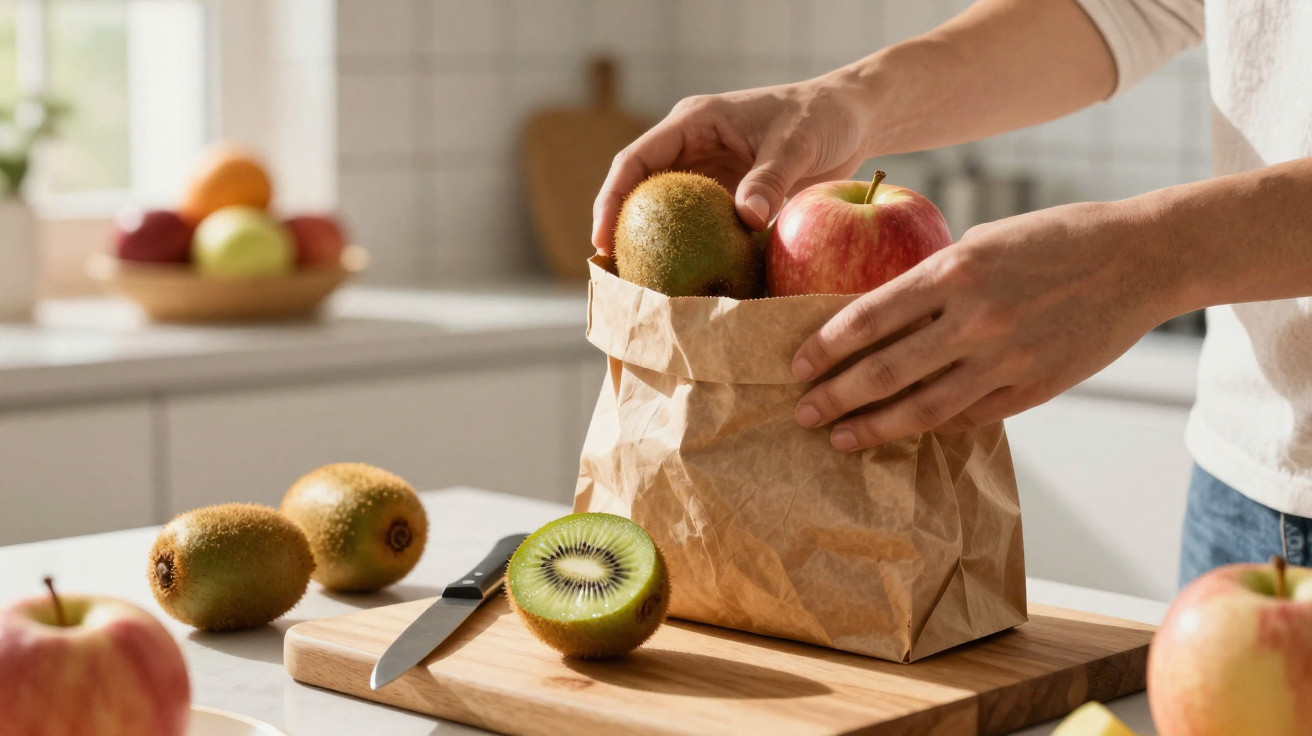 Pessoa colocando maçãs e kiwis em sacola de papel em cozinha iluminada e moderna