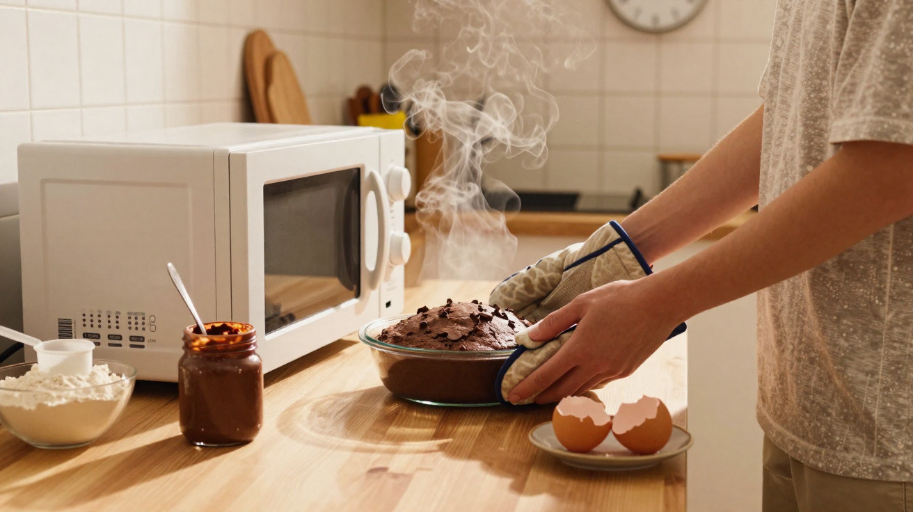 Pessoa segurando forma de vidro com bolo de chocolate quente saindo do forno de micro-ondas na cozinha.