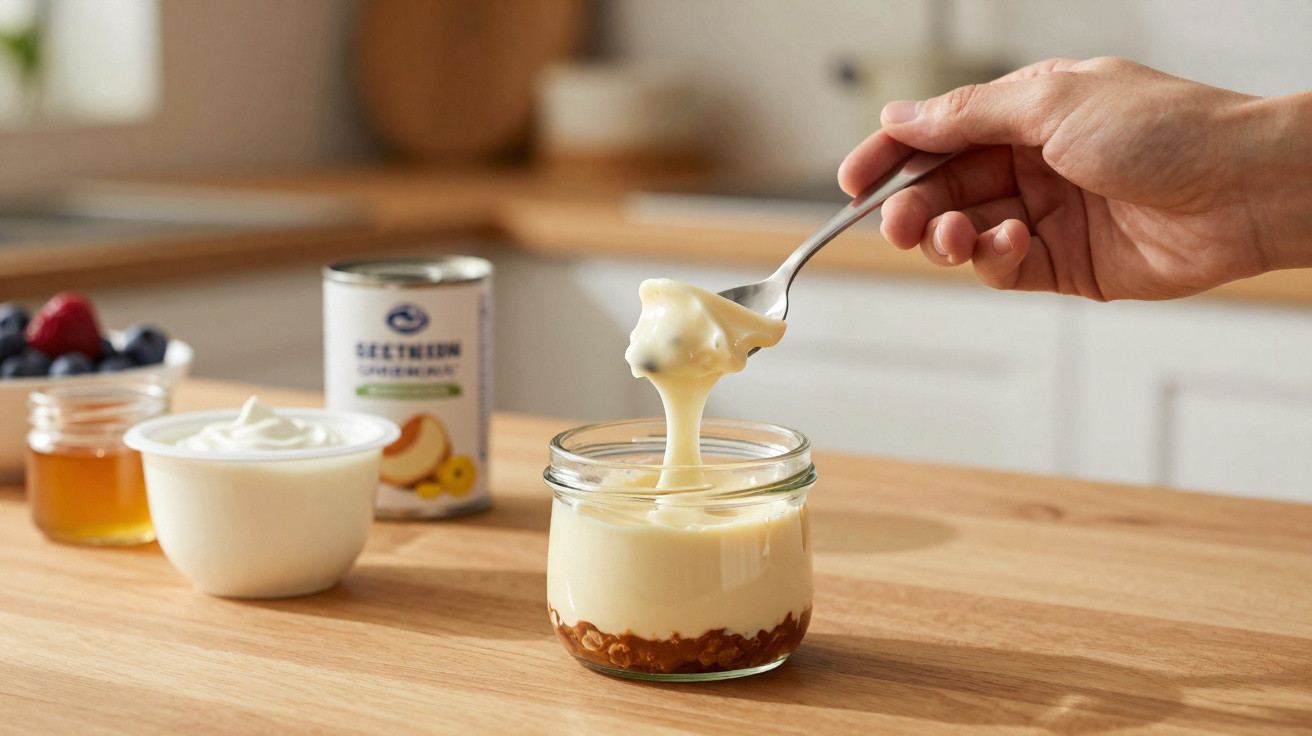 Pessoa segurando colher com doce cremoso sobre pote de vidro com base crocante em mesa de madeira.