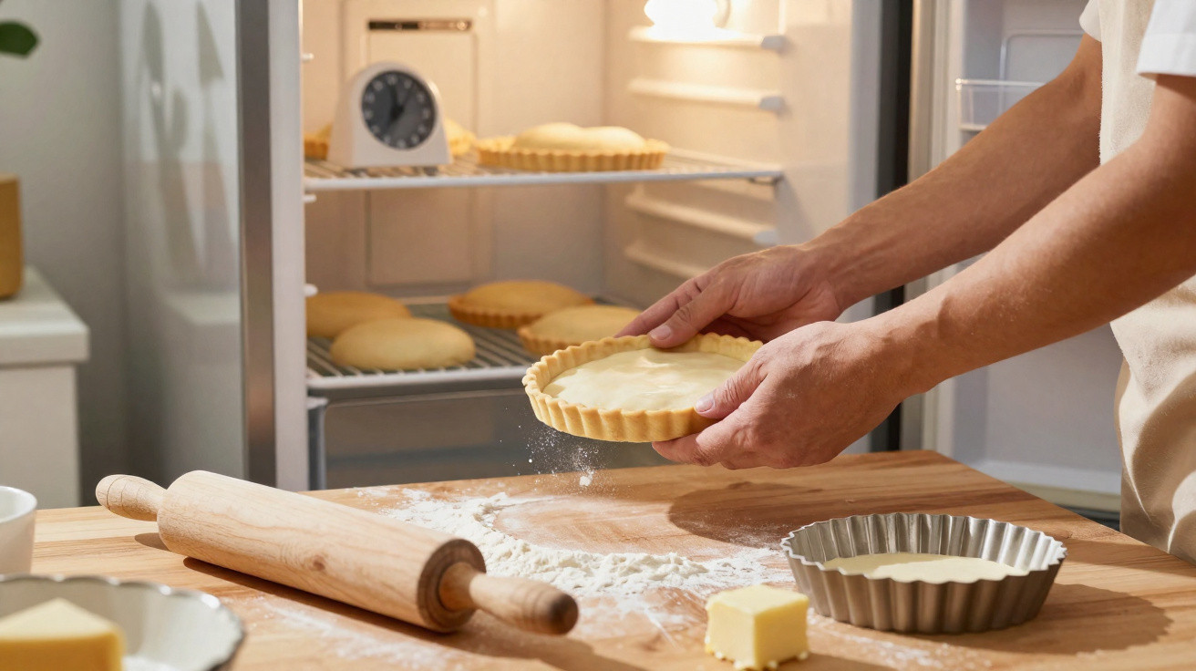 Pessoa segurando forma de torta com massa pronta, com fogão aberto e massa dentro, rolo de massa e manteiga na mesa.
