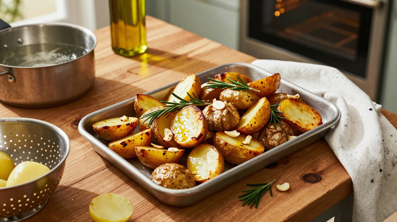 Batatas rústicas assadas com alecrim e sementes em uma assadeira sobre mesa de madeira.