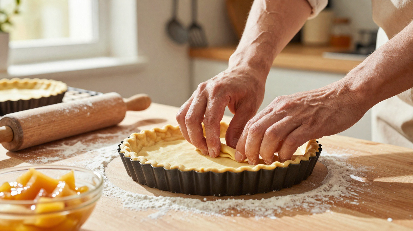 Mãos moldando massa para torta em forma preta na mesa de madeira com farinha espalhada e bowl com frutas.