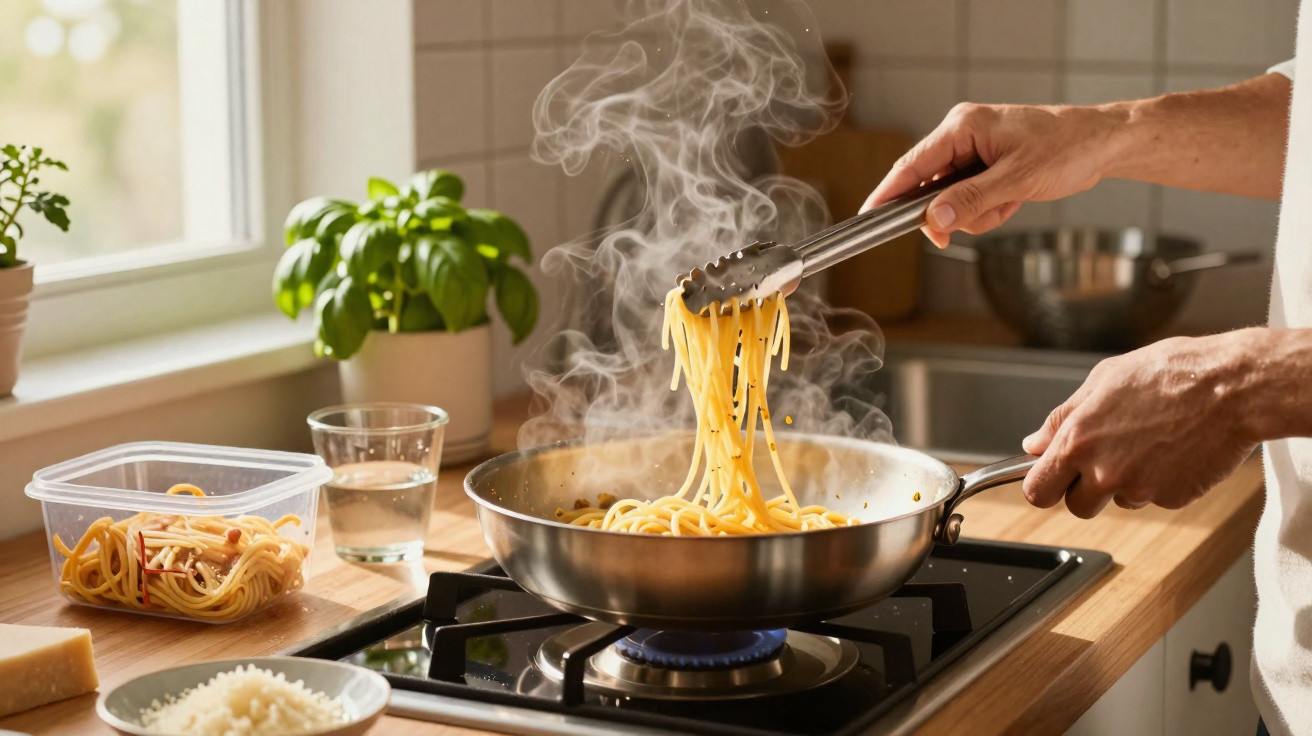 Pessoa cozinhando espaguete com pegador em frigideira com vapor em fogão na cozinha iluminada.