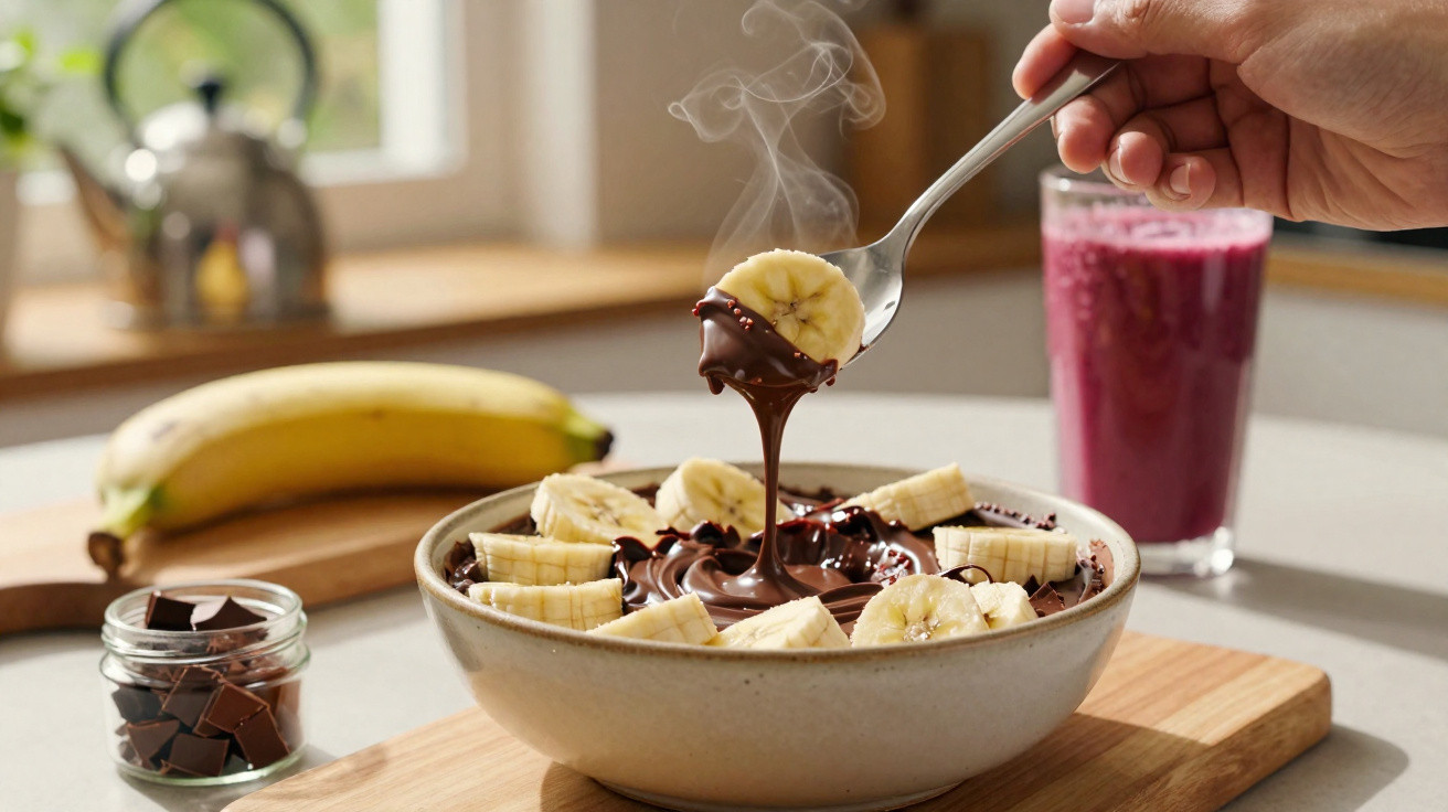 Banana em fatias sendo mergulhada em chocolate derretido fumegante em tigela com smoothie ao fundo.