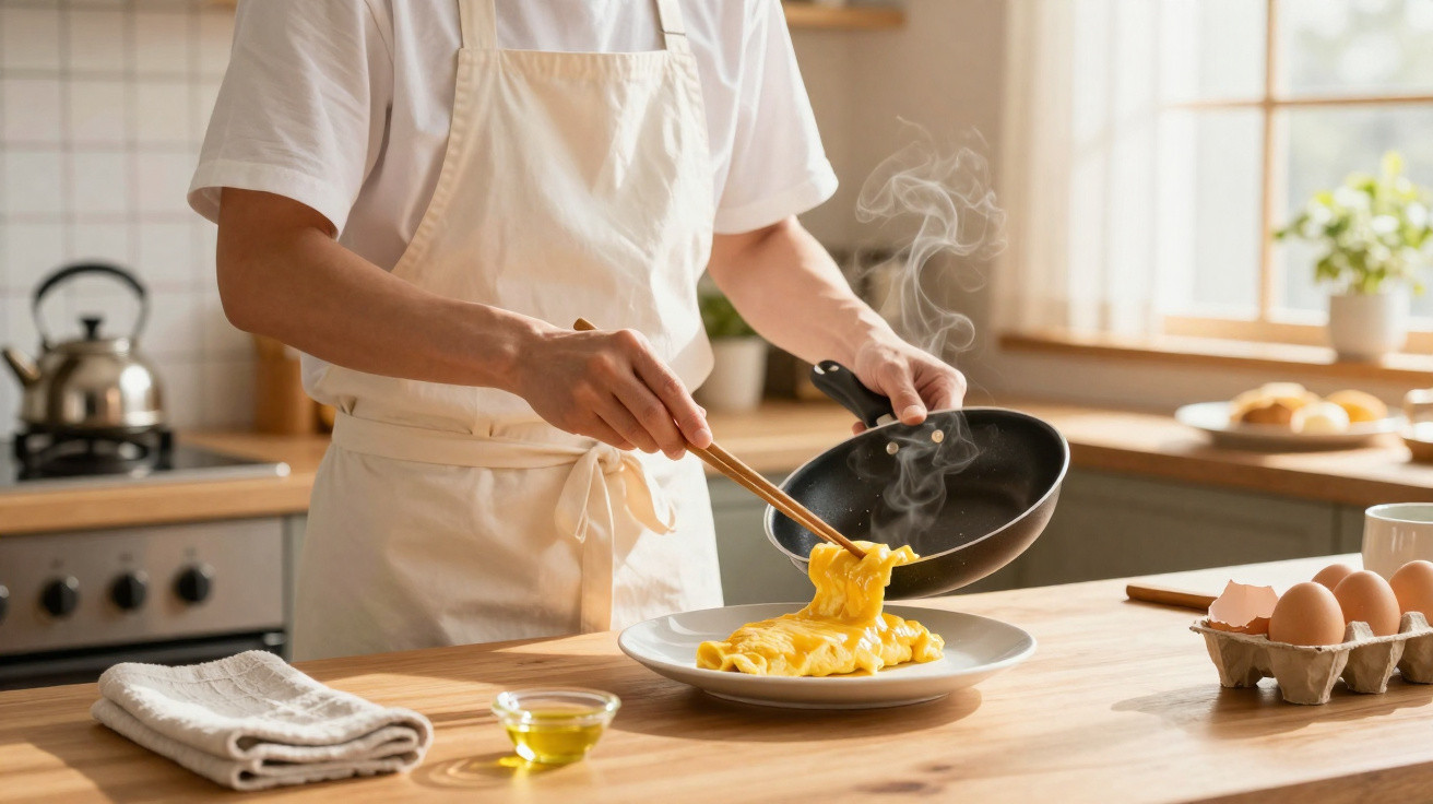Pessoa com avental servindo omelete quente em prato branco em cozinha iluminada.