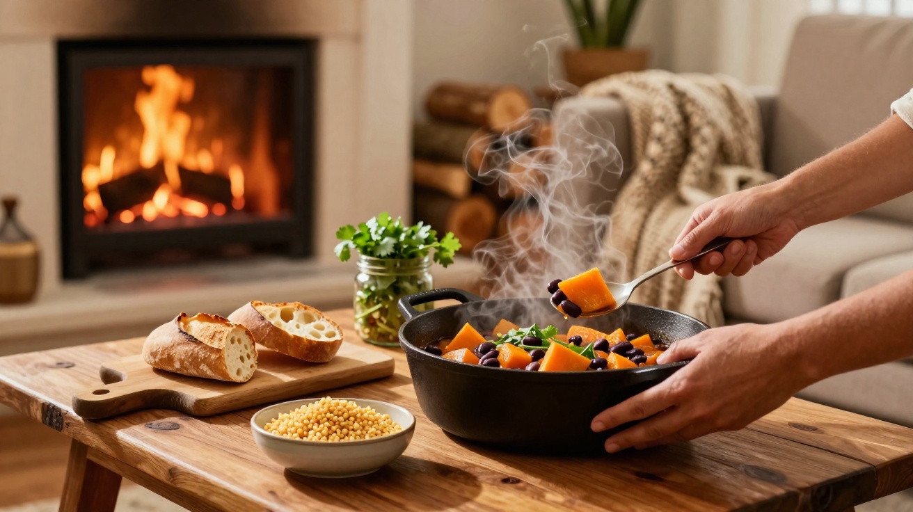 Pessoa servindo sopa quente com legumes em panela sobre mesa de madeira, com lareira acesa ao fundo.