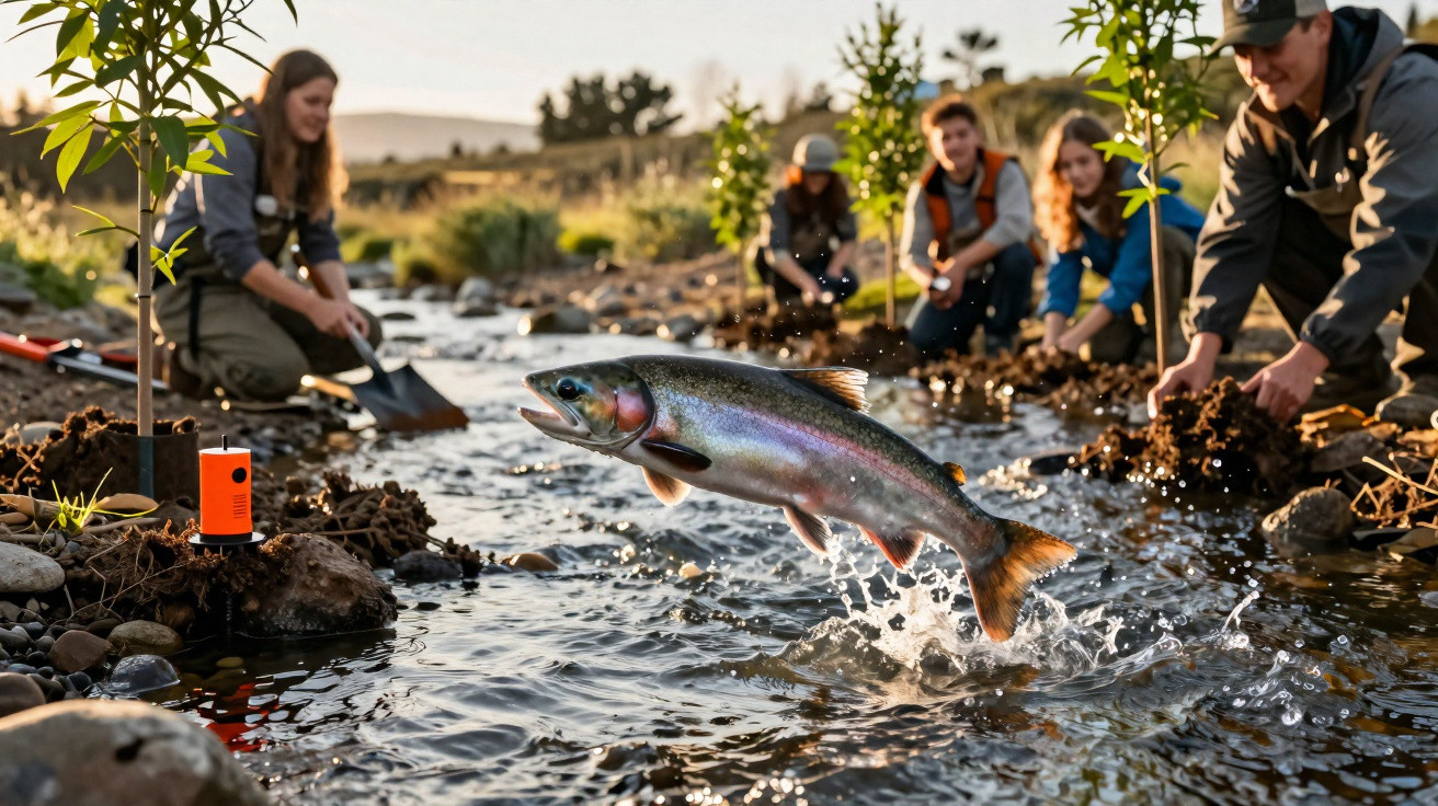 Peixe saltando em riacho com cinco pessoas plantando árvores na margem em um dia ensolarado.
