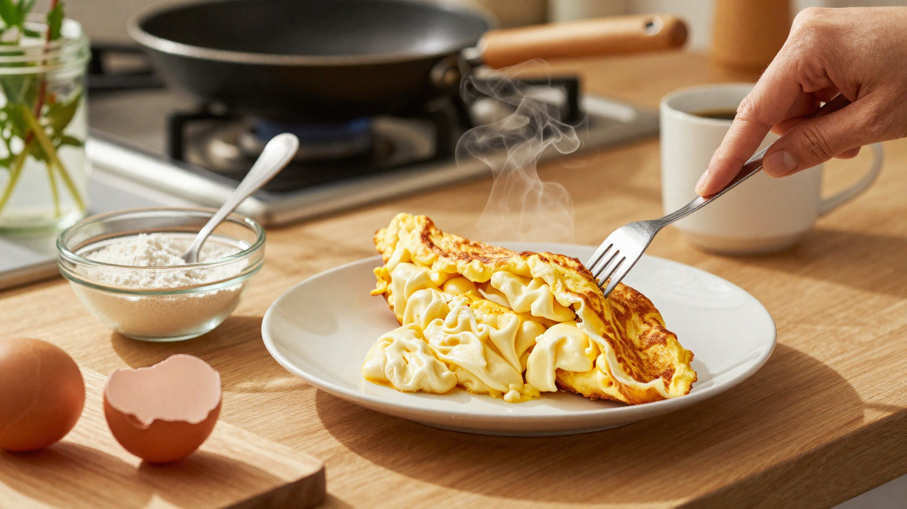 Omelete cremoso sendo cortado com garfo, com ovos e farinha ao fundo na cozinha.