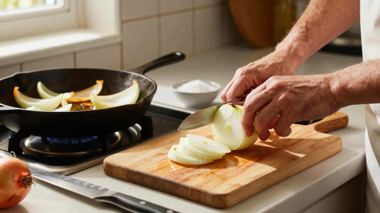 Pessoa fatiando cebola em tábua de madeira enquanto cebolas cozinham em frigideira no fogão.