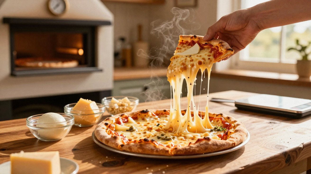Mão segurando fatia de pizza com queijo derretido puxando na mesa de madeira numa cozinha iluminada.