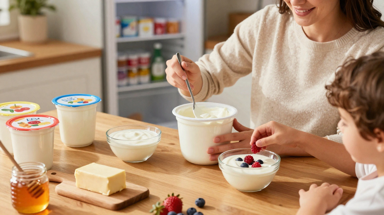 Mulher e criança preparando iogurte com frutas vermelhas e mel na cozinha, em mesa de madeira.