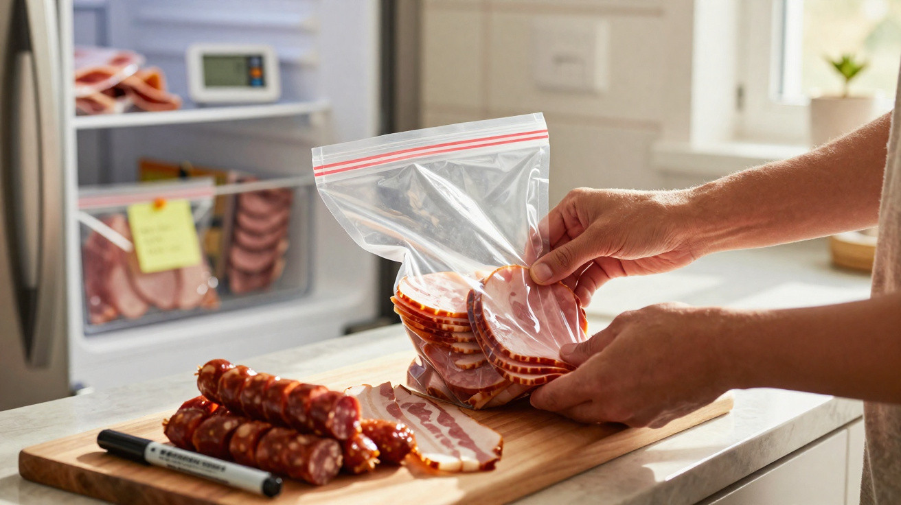 Mãos guardando fatias de embutido saboroso em saco plástico transparente sobre bancada de cozinha clara.