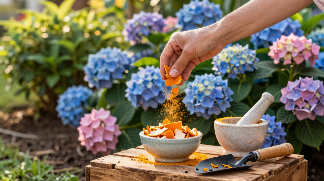 Mão espanando cascas de laranja sobre tigela com cascas, almofariz e pá ao lado, flores coloridas ao fundo.