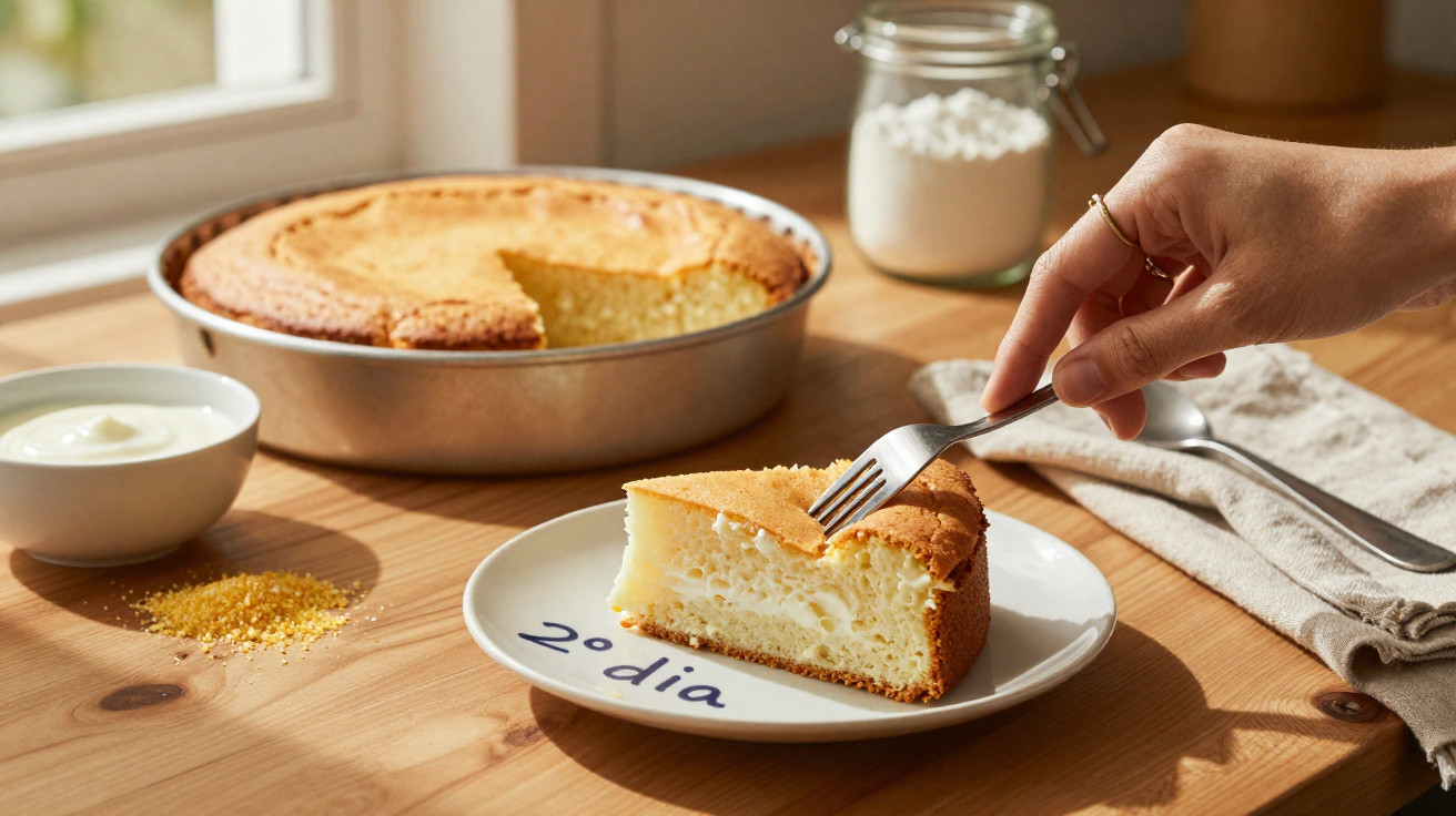 Fatia de bolo de queijo no prato com garfo, bolo grande ao fundo, pote de açúcar e creme na mesa de madeira.
