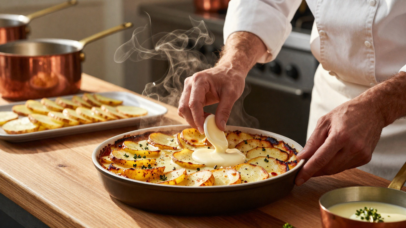Mãos de cozinheiro colocando molho cremoso em uma travessa quente com batatas gratinadas e ervas.