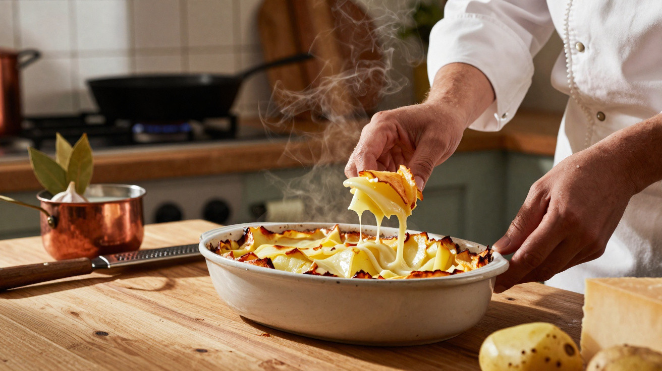 Mãos pegando pedaço de batata gratinada com queijo derretido em travessa branca sobre mesa de madeira.