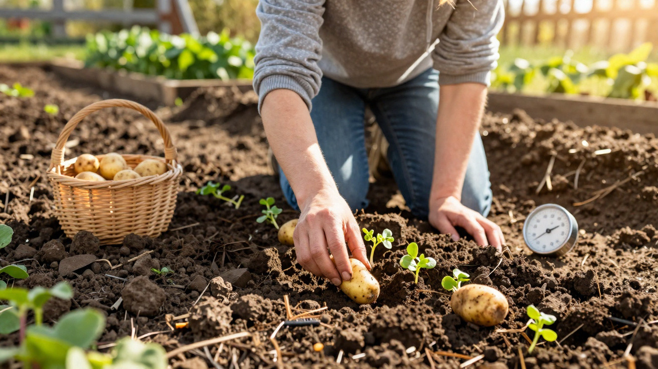 Pessoa colhendo batatas em um jardim com cesta de batatas e termômetro no solo ao fundo.