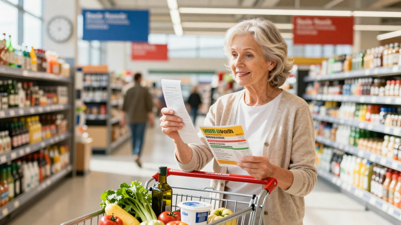 Mulher idosa segurando lista de compras em supermercado com carrinho cheio de alimentos frescos.